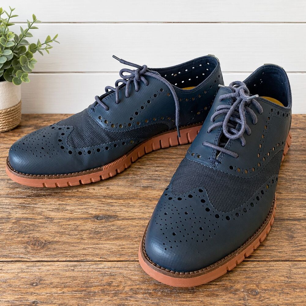 Cole Haan Zerogrand Wingtip Oxford Mens Shoes Size 10M Navy Blue Leather Lace Up